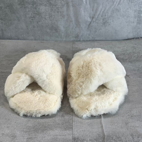 NINE WEST Women's Light Natural Fabric Cozy Faux-Fur Cross Band Slide Sandals - Picture 1 of 8
